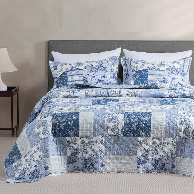 Kasentex Vintage Blue Patchwork Floral Quilt Set - All Season Bedding