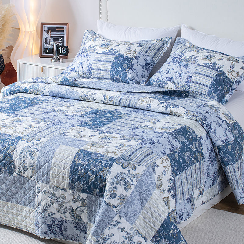 Kasentex Vintage Blue Patchwork Floral Quilt Set - All Season Bedding