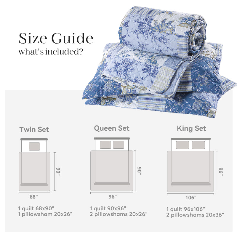 Kasentex Vintage Blue Patchwork Floral Quilt Set - All Season Bedding