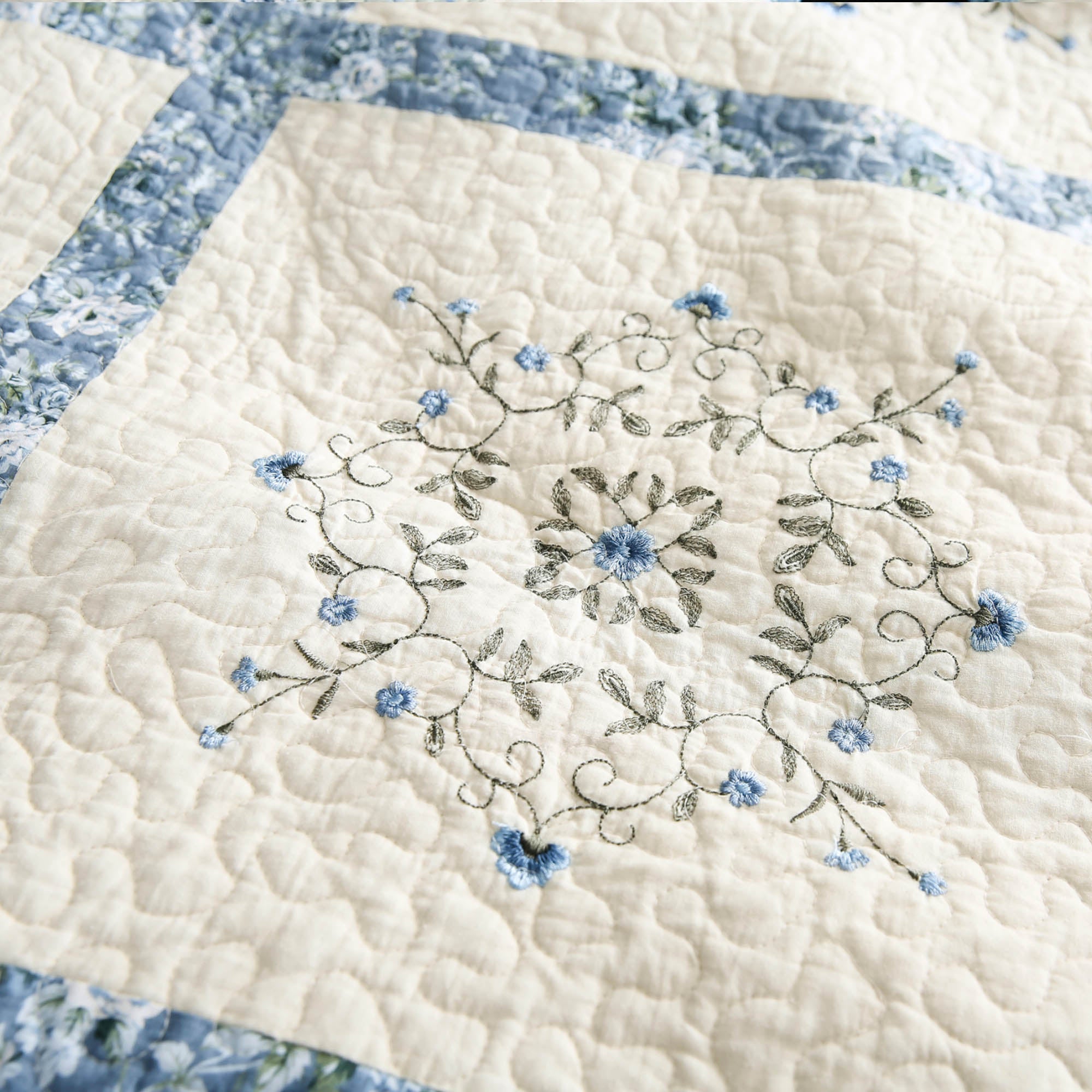 Hand embroidered cheapest patchwork in cotton and silk - white beige and blue